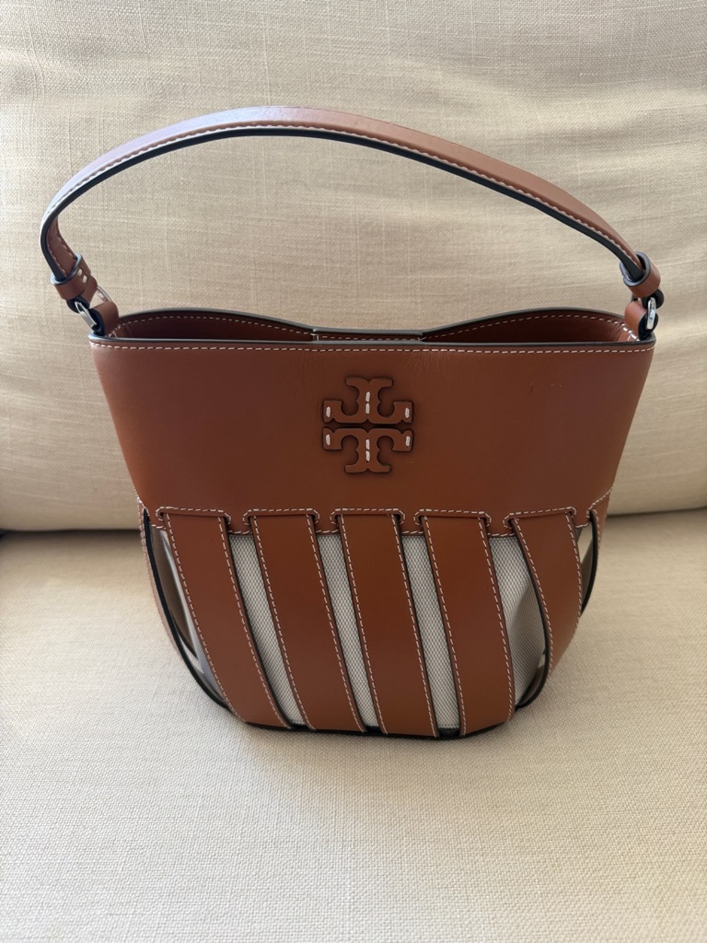Tory Burch Tan Leather & Cream Canvas Shoulder Bag
